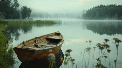 Old wooden rowboat by a quiet lake, hinting at simpler, eco-friendly ways of life, with the calm...