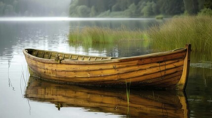 The serene lake revealed an old wooden rowboat, suggesting a tranquil, eco-conscious lifestyle by...