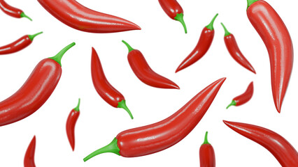 Falling red chili peppers. Isolated hot peppers on white background. 3D rendering.