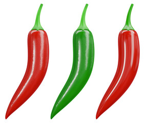 Red and green peppers. Serrano and chili peppers isolated on white background. 3D rendering