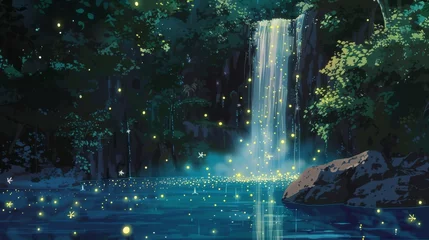 Selbstklebende Fototapeten Tranquil Waterfall in Enchanted Forest Macro Shot. © CommerceAI