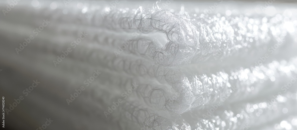 Poster a close-up view of a neat stack of soft and fluffy white towels. the towels are neatly folded and pi