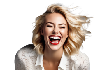 A high quality stock photograph of a happy young blond trendy woman laughs and screams with joy isolated on white or transparant background