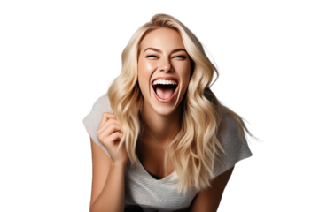 A high quality stock photograph of a happy young blond trendy woman laughs and screams with joy isolated on white or transparant background