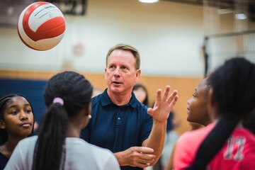 a volleyball coach showing youth players how to serve