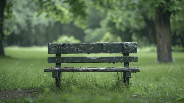 A serene park bench, weathered and inviting, nestled in green blur, sparks thoughts on conservation.