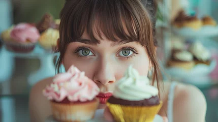 Foto op Aluminium A beautiful woman looks at sweet cupcakes with appetite. © forma82