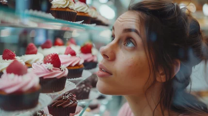 Fotobehang A beautiful woman looks at sweet cupcakes with appetite. © forma82