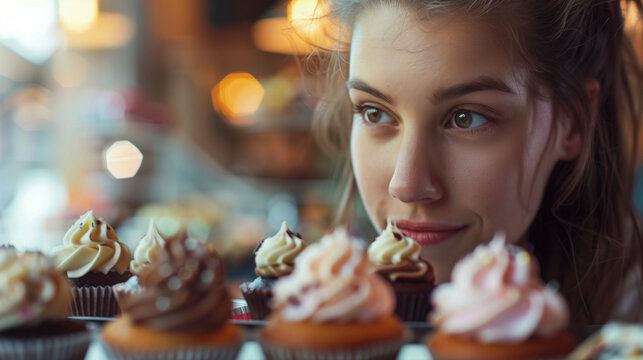 A beautiful woman looks at sweet cupcakes with appetite.