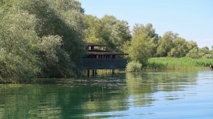 Lac du Der, en Champagne Ardenne, dans la région Grand Est, observatoire ornithologique de Chantecoq dissimulé derrière le feuillage des arbres, au bord de l'eau, en été (France)