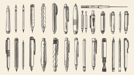 A sketch vector set in doodle style featuring a collection of pens and pencils