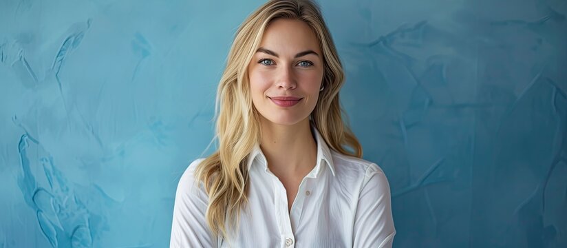 A cheerful blonde woman wearing a white shirt poses for a picture against a blue background. She stands confidently with an empty area around her.