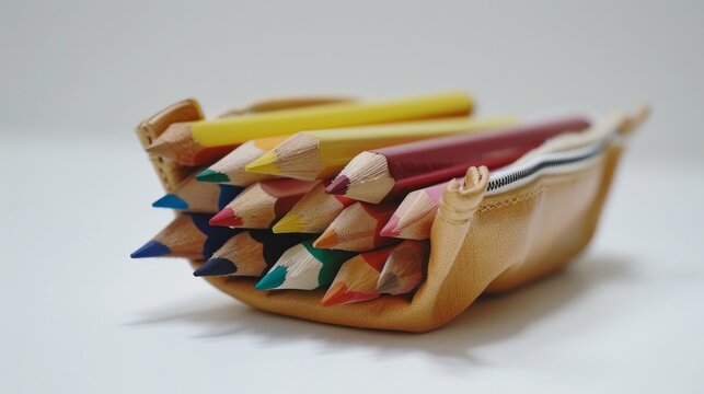 Colored pencils neatly arranged in a pencil case, placed on a white background