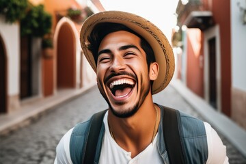 A high quality stock photograph of a happy young mexican husband laughs and screams with joy isolated on white or transparant background