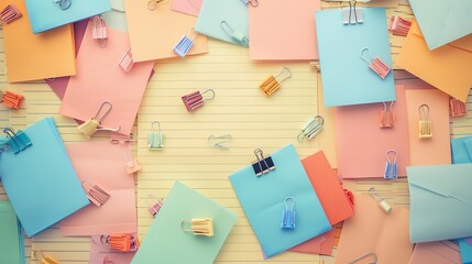 Various sheets of note papers adorned with colorful paper clips - obrazy, fototapety, plakaty
