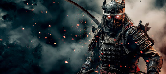 Samurai Fury: The midst of battle, a badass samurai dons full body armor, fierce and fearless, attacking with a katana amidst swirling smoke and intense flames, embodying the spirit of ancient Japan - obrazy, fototapety, plakaty