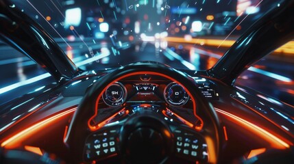 The empty cockpit of a vehicle equipped with a Head-Up Display (HUD) and digital speedometer, representing an autonomous, driverless, self-driving vehicle - obrazy, fototapety, plakaty