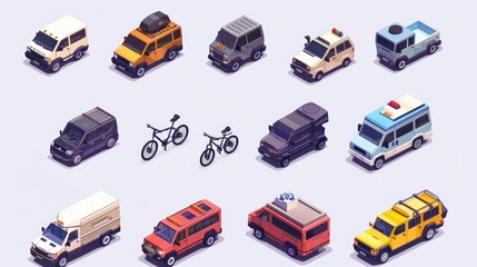 High-quality flat 3D isometric icon set featuring various city transport vehicles, including buses, sedans, vans, cargo trucks, bikes, and sport cars, catering to urban public - obrazy, fototapety, plakaty