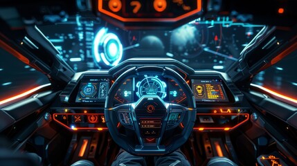 A futuristic car cockpit designed for autonomous vehicles, featuring a Head-Up Display (HUD), Graphical User Interface (GUI), and integration with the Internet of Things (IoT)