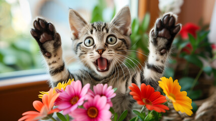 Funny cat screaming with its paws up when seeing a bouquet of flowers