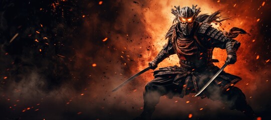 Samurai Fury: The midst of battle, a badass samurai dons full body armor, fierce and fearless, attacking with a katana amidst swirling smoke and intense flames, embodying the spirit of ancient Japan