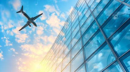 An aircraft soaring against a blue sky backdrop, framed by a glass curtain wall - 746130021
