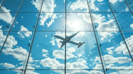 An aircraft soaring against a blue sky backdrop, framed by a glass curtain wall - obrazy, fototapety, plakaty