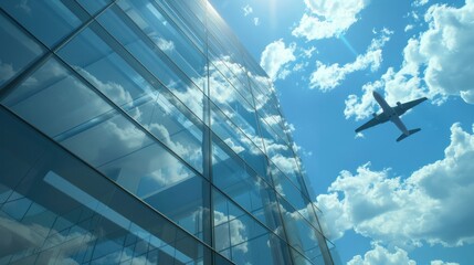An aircraft soaring against a blue sky backdrop, framed by a glass curtain wall - 746130075