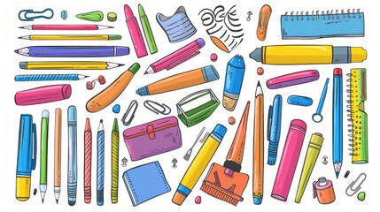 Vector doodle illustration of a hand-drawn stationery set, featuring various school accessories and supplies. Composition includes pencils, pens, markers, brushes, styluses, highlighters, and cutters