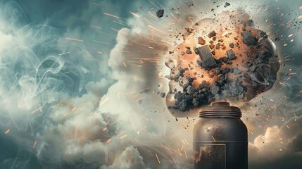A vintage bomb shaped like a head, on the brink of explosion - obrazy, fototapety, plakaty