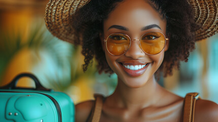 A relaxed black woman wearing yellow sunglasses and a beach hat on a sunny day, posing to a picture with a turquoise suitcase. - Powered by Adobe