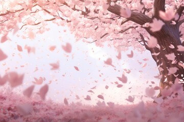 cherry blossom petals falling from trees in bloom. Spring background. 