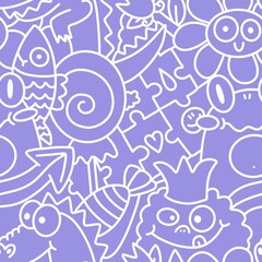 Cartoon animals doodle animals monsters seamless frogs and flower and dinosaur and fish pattern for wrapping paper