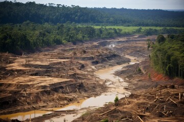 deforestation in Amazon river valley problem in South America. Environment ecology issues. Drought concept.