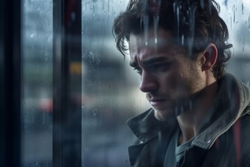 depressed guy standing on bus stop near misted glass, looking sad and devastated. Depression, anxiety and anti depressants concept. Selective serotonin reuptake inhibitor medication.
