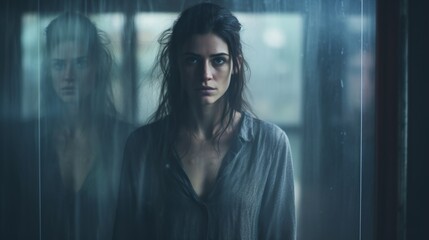 Depressed woman standing near misted glass, looking sad and devastated. Depression, anxiety and anti depressants concept. Selective serotonin reuptake inhibitor medication. - obrazy, fototapety, plakaty