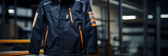 HH Workwear: Industrial Strength Navy Jacket with Neon Detailing - obrazy, fototapety, plakaty