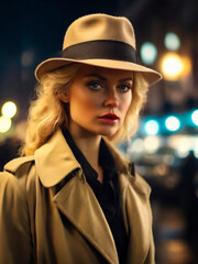 Diverse blonde caucasian female Detective solving a crime, for mystery book cover.