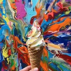 Fotobehang A close-up shot of a melting ice cream cone hel © Mais