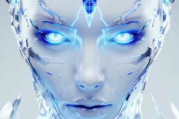 Cyborg stle futuristico con occhi luminosi e cervello a circuito stampato, colori blu e bianco, composizione simmetrica - obrazy, fototapety, plakaty