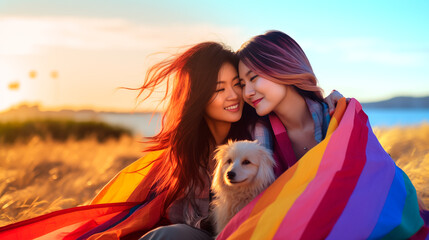 asian lesbian couple covering themselves with the pride flag with their dog