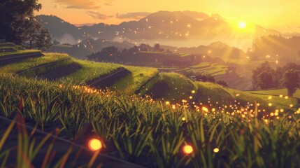 Minimalist Anime Sunset over Rice Paddy Fields with Fireflies
