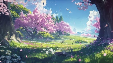 Obraz na płótnie Canvas Whimsical Cherry Blossom Anime Meadow Background