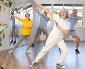 Obraz premium Positive elderly woman practicing Tai Chi with group of aged people, promoting health and wellness in bright training room