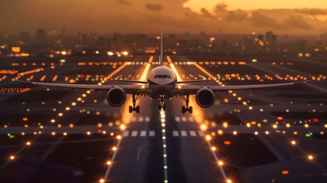Commercial Airplane Approaching Runway at Dusk with city centered on approach to a runway, adorned with shimmering lights against the early evening sky, city skyline in