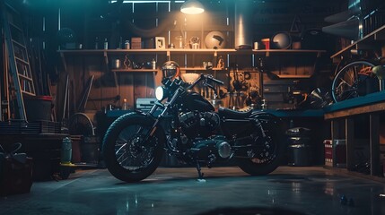 Custom Bobber Motorbike Standing in an Authentic Creative Workshop. Vintage Style Motorcycle Under...