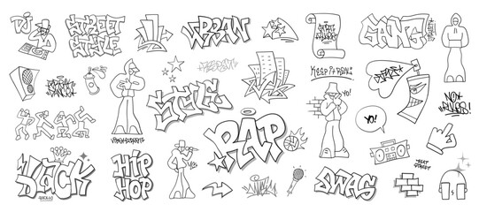 Graffiti street style hip hop music signs and character hand drawn doodle vector illustration 