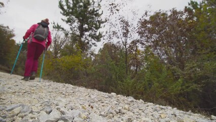 Hiking girl with poles and backpack walking on an unpaved dirtroad or trail. Travel and healthy lifestyle outdoors in fall season. Abstract low angle view fixed camera position.. - Powered by Adobe