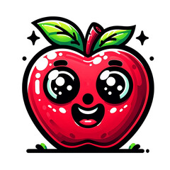 Obraz premium Cartoon illustration of a vibrant red apple with a cute, smiling face and sparkling eyes, full of character and whimsy.