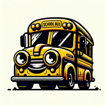 Stylized illustration of a classic yellow school bus with exaggerated features and a cartoonish charm.